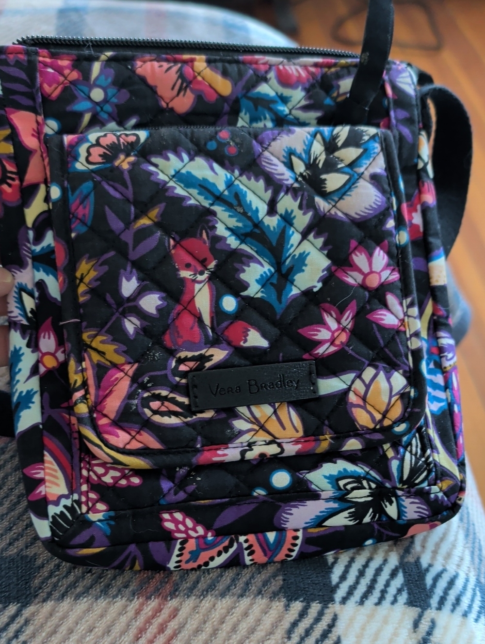 Vera Bradley Black Multi Floral Quilted Crossbody with Fox Motif